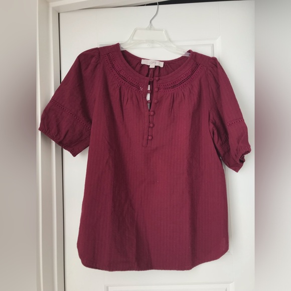 Loft Burgundy Puff Sleeve Blouse - Picture 1 of 7